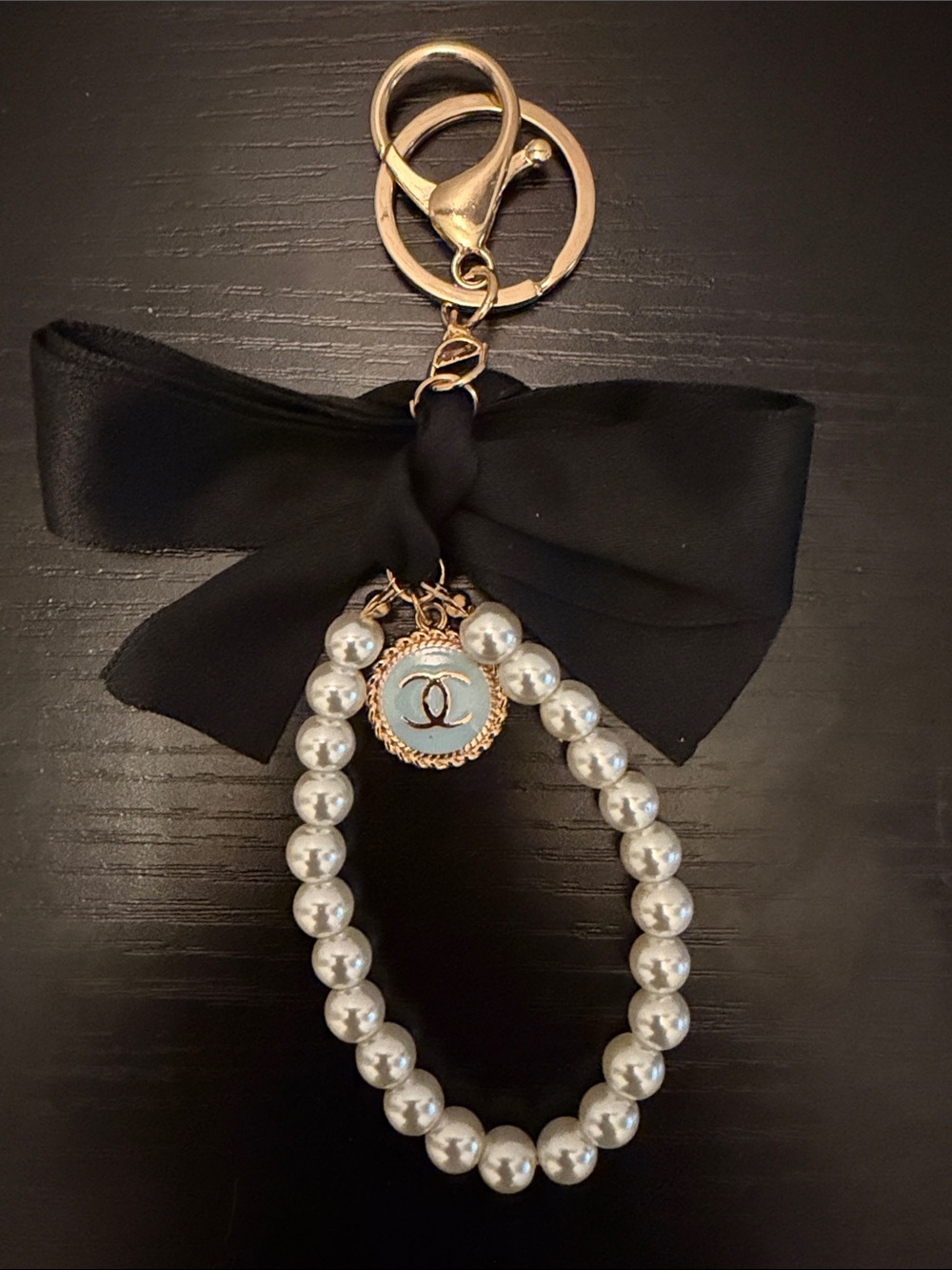 Inspired Pearl Bead Key & Card Holder Charm with Black Bow and Gold-Tone Accent